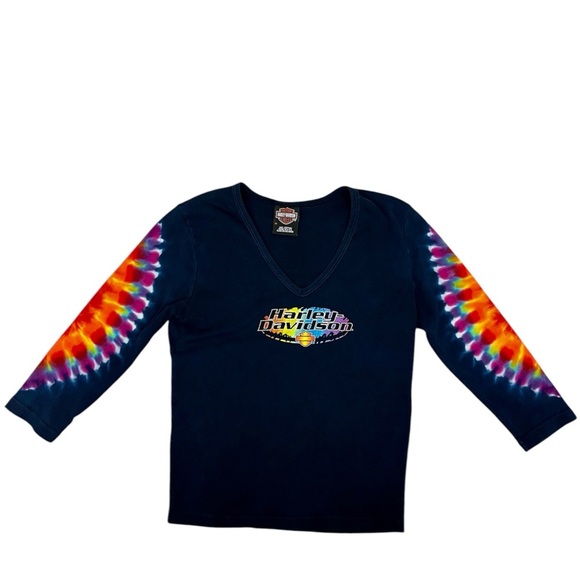Vintage Harley Davidson Rainbow Tie Dye Cropped Tee Shirt Size M - Picture 1 of 6